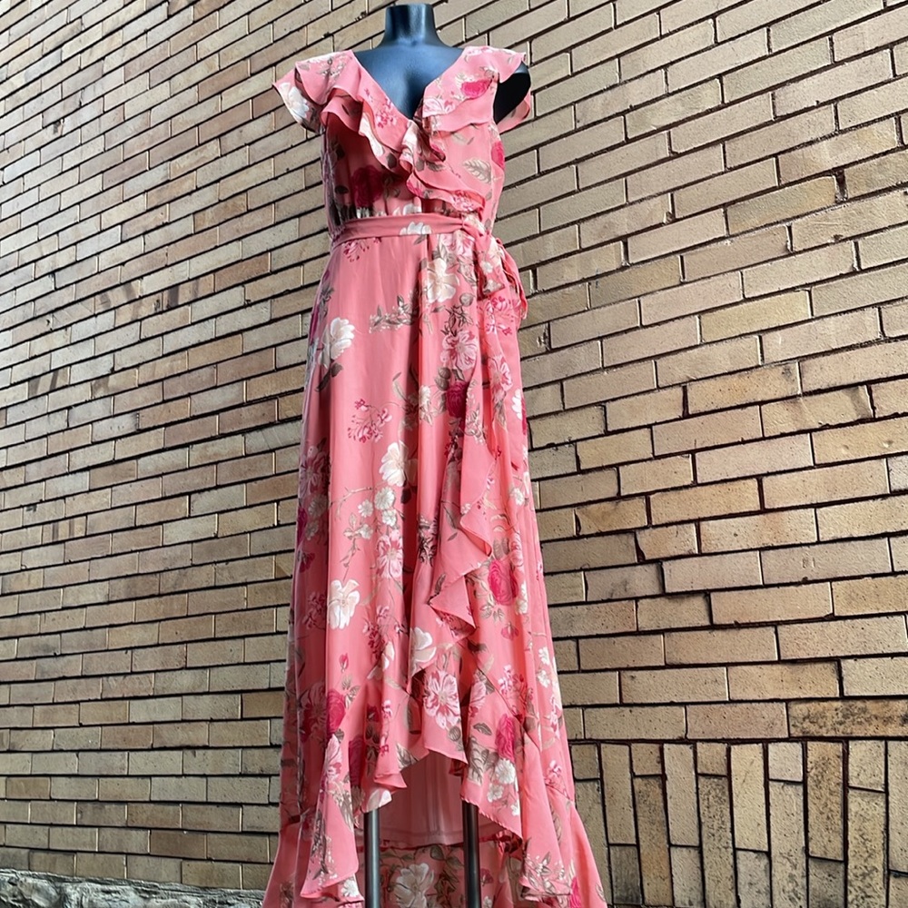 Jessica Howard Coral Floral Ruffle Maxi Dress Size 6